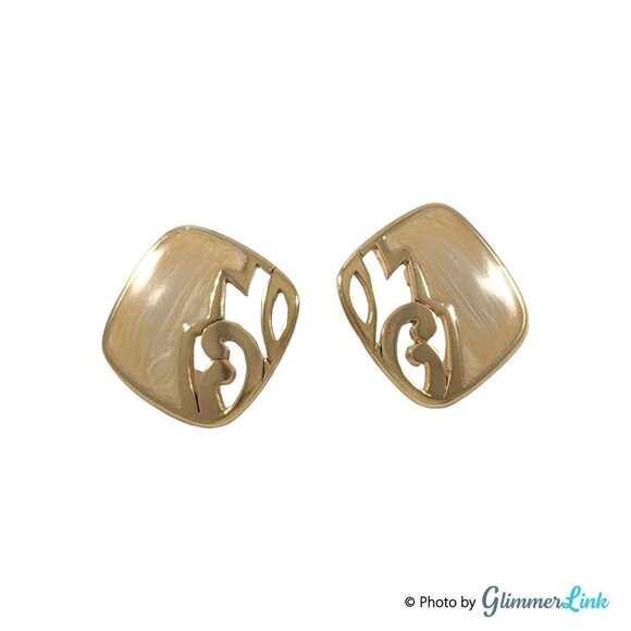 Vintage 80s Avon Scrollwork Cream Enamel Swirls Squared Gold Tone Earrings - Picture 1 of 4